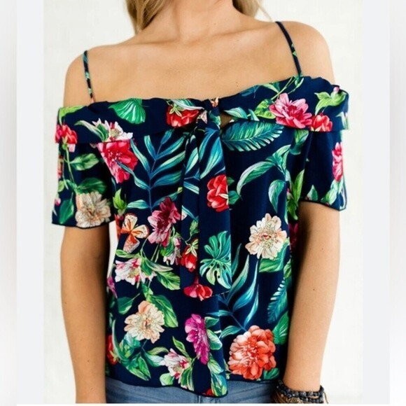 Vivace Island Dreaming Navy Cold Shoulder Style Top Size 1XL - Picture 2 of 16